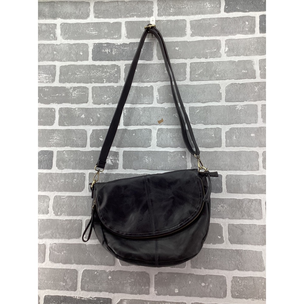 Joy Susan Black Vegan Leather Foldover Crossbody Bag Striped Lining Messenger